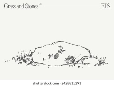 Dibujado a mano ilustración vectorial de hierba y rocas sobre fondo en blanco. Esbozo aislado.