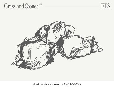 Hand drawn vector illustration of grass and rocks on blank backdrop. Isolated sketch.