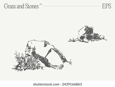 Dibujado a mano ilustración vectorial de hierba y rocas sobre fondo en blanco. Esbozo aislado.