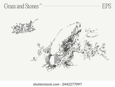 Hand drawn vector illustration of grass and rocks on blank backdrop. Isolated sketch.