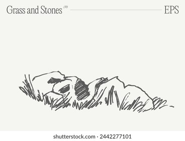 Hand drawn vector illustration of grass and rocks on blank backdrop. Isolated sketch.