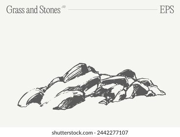 Hand drawn vector illustration of grass and rocks on blank backdrop. Isolated sketch.