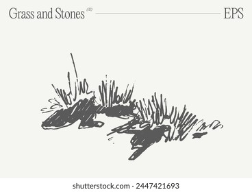 Hand drawn vector illustration of grass and rocks on blank backdrop. Isolated sketch.