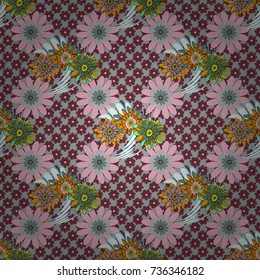 Hand drawn vector illustration in gray, pink and brown colors. Abstract print with stylized random elements and flowers. Exotic seamless pattern in retro style.