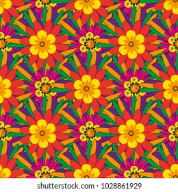 Hand drawn vector illustration in green, yellow and red colors. Abstract print with stylized random elements and flowers. Exotic seamless pattern in retro style.