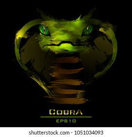 Hand drawn vector illustration of green cobra snake in grunge style with acrylic technique. Wild bewitching dangerous creature art for poster, banner, cover, t-shirt design, typography. Eps 10