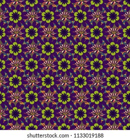 Hand drawn vector illustration in green, violet and blue colors. Abstract print with stylized random elements and flowers. Exotic seamless pattern in retro style.