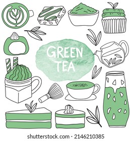 Ilustración vectorial dibujada a mano de té verde sobre fondo blanco