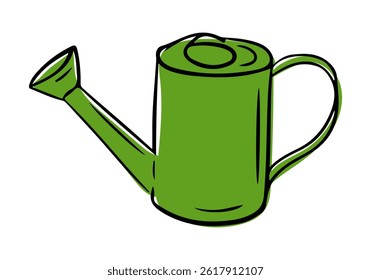 Hand drawn vector illustration of a green watering can with simple black outline and handle. This image illustrates the concept of gardening, care and plant nurturing