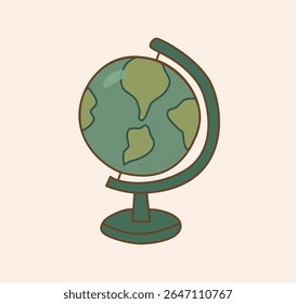 Hand drawn vector illustration of a green school globe on a stand, simple cartoon flat style, educational clipart for kids learning materials, posters, worksheets, school and geography designs