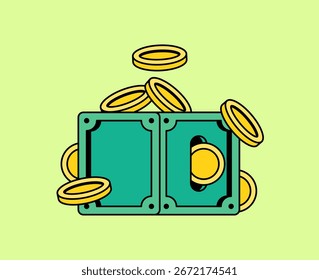 Hand drawn vector illustration of green money bills with golden coins scattered around on a light background. Perfect for finance, banking, savings, investment, and business related