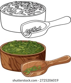 ilustração de vetor desenhado à mão de folhas de chá verde em tigelas de madeira com colheres correspondentes