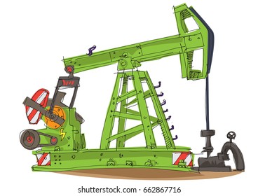 Hand drawn vector illustration - green pumpjack. Oil producing industry. Oil pumping.