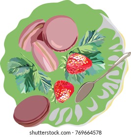 Hand drawn vector illustration of green plate ,pink macaroones ,strawberries and spoon
