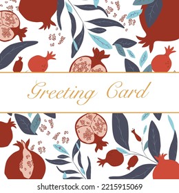 Hand drawn vector illustration greeting cards with pomegranate and Leaves. Save the Date Card. Modern universal artistic templates. Jewish new year greeting cards with pomegranate and leaves.