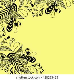  Hand drawn vector illustration. Greeting card in Indian style. Openwork patterns, flowers, ornament.