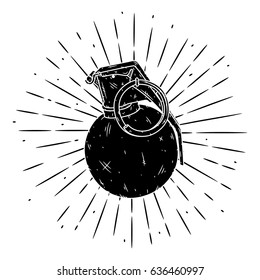 Hand drawn vector illustration with grenade. Used for poster, banner, t-shirt print, bag print, badges and logo design