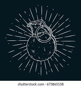 Hand drawn vector illustration with grenade. Used for poster, banner, t-shirt print, bag print, badges and logo design