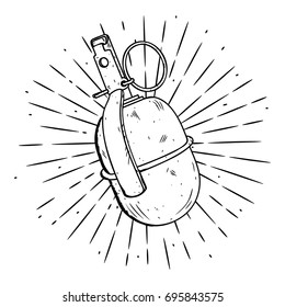 Hand drawn vector illustration with a grenade and divergent rays. Used for poster, banner, web, t-shirt print, bag print, badges, flyer, logo design and more. Cartoon grenade