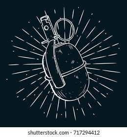 Hand drawn vector illustration with a grenade and divergent rays on blackboard. Used for poster, banner, web, t-shirt print, bag print, badges, flyer, logo design and more. Cartoon grenade