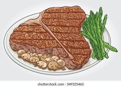 Hand drawn vector illustration of a grilled T-Bone, Porterhouse Steak dish with asparagus and mushrooms on a plate.