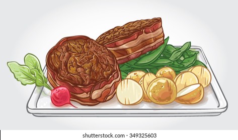 Hand drawn vector illustration of grilled Filet Mignon steaks wrapped with bacon, assorted with potatoes, fresh beans and radish on a plate.