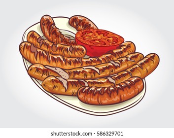 Hand drawn vector illustration of grilled sausages in a plate.