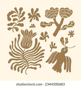 Ilustración vectorial dibujada a mano con flores de groovía, pájaro