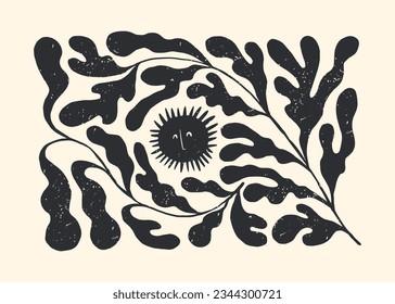 Hand drawn vector illustration with groovy flowers and sun