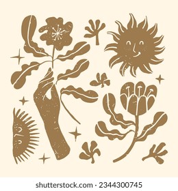 Hand drawn vector illustration with groovy flowers, bird, sun