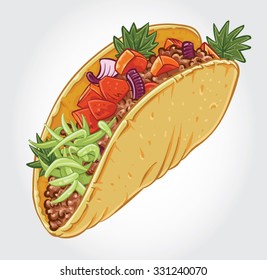 Hand drawn vector illustration of Ground Beef Taco with tomatoes, onion, parsley and lettuce.