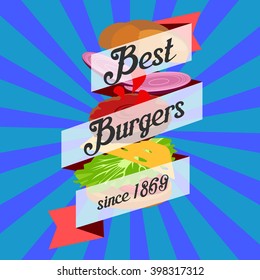 Hand drawn vector illustration of Ground Burger with various ingredients: onions, bun, salad, tomatoes, bell pepper, cheese and meat cutlet