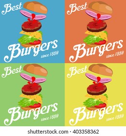 Hand drawn vector illustration of Ground Burger with various ingredients: onions, salad, bun with sesame seeds, tomatoes, cheese, ketchup and meat cutlet
