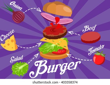 Hand drawn vector illustration of Ground Burger with various ingredients: onions, salad, bun with sesame seeds, tomatoes, cheese, ketchup and meat cutlet