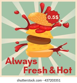 Hand drawn vector illustration of Ground Burger with various ingredients: bun with sesame seeds, tomatoes, ketchup, cheese and meat cutlet
