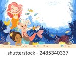 Hand drawn vector illustration group of a cute mermaids in the underwater world. Cartoon background for children. Underwater sea life of coral reef