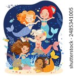 Hand drawn vector illustration group of a cute mermaids in the underwater world. Cartoon background for children. Underwater sea life of coral reef