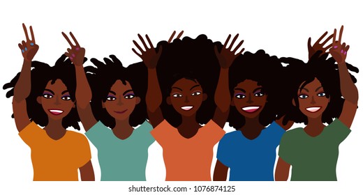 Hand drawn vector illustration of group of happy smiling black women together holding hands up with piece sign, open palm. Flat style. Isolated on white. Feminism diversity tolerance concept.