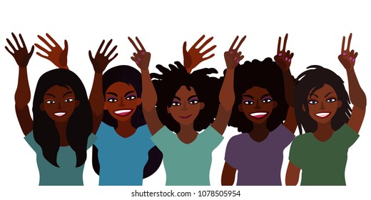 Hand drawn vector illustration of group of happy smiling black women together holding hands up with piece sign, open palm. Flat style. Isolated on white. Feminism diversity tolerance concept.