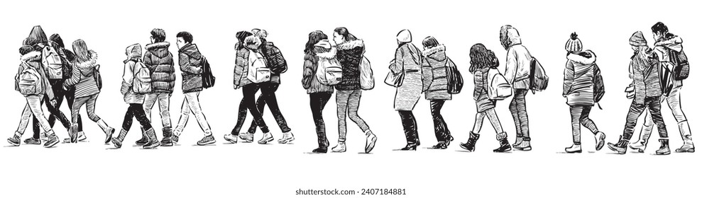 Hand drawn vector illustration of group of teenage schoolchildren with backpacks walking in crowd together on excursion