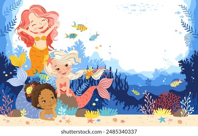 Hand drawn vector illustration group of a cute mermaids in the underwater world. Cartoon background for children. Underwater sea life of coral reef