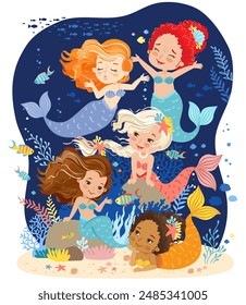 Handgezeichnete Vektorillustration-Gruppe einer niedlichen Meerjungfrauen in der Unterwasserwelt. Cartoon Hintergrund für Kinder. Unterwasserleben des Korallenriffs