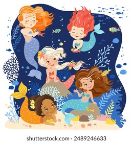 Hand drawn vector illustration group of a cute mermaids in the underwater world. Cartoon background for children. Underwater sea life of coral reef