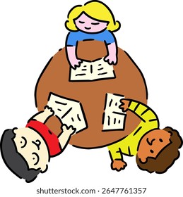 Ilustração Vetorial Desenhada À Mão De Um Grupo De Crianças Estudantes De Jardim De Infância Lendo Um Livro