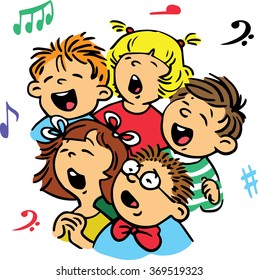 Hand drawn. Vector illustration. Group of children singing in unison a song.