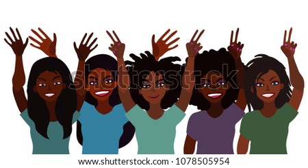 Hand drawn vector illustration of group of happy smiling black women together holding hands up with piece sign, open palm. Flat style. Isolated on white. Feminism diversity tolerance concept.