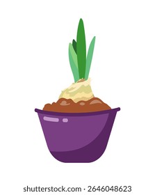 Hand drawn Vector illustration of growing flower bulbs with sprouts in dark pot with soil, Nature ecology potted plants, Harvest, product, gardening theme isolated on white background
