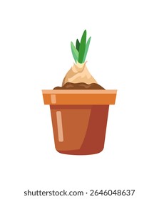 Hand drawn Vector illustration of growing flower bulbs with sprouts in classic brown pot with soil, Nature ecology potted plants, Harvest, product, offspring, gardening theme isolated on white