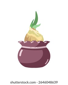 Hand drawn Vector illustration of growing flower bulbs with sprouts in beautiful dark pot with soil, Nature ecology potted plants, Harvest, spring, gardening theme isolated on white background