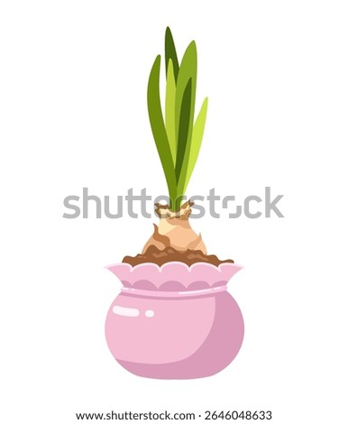 Hand drawn Vector illustration of growing flower bulbs with sprouts in beautiful pink pot with soil, Nature ecology potted plants, gardening, spring, offspring theme isolated on white background